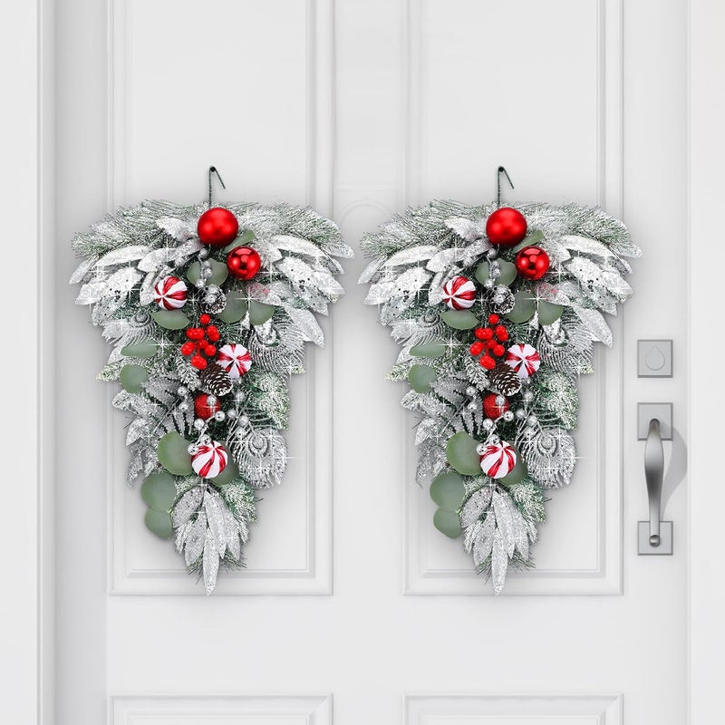 FineCheer 2 Pcs Christmas Teardrop Swags for Front Door 22 Inch Artificial Pine Swag Sliver White Mailbox Swag Decoration for Xmas Door Stair Window Fireplace Wall Shelf Hanging Decor (Berries) - Image 5